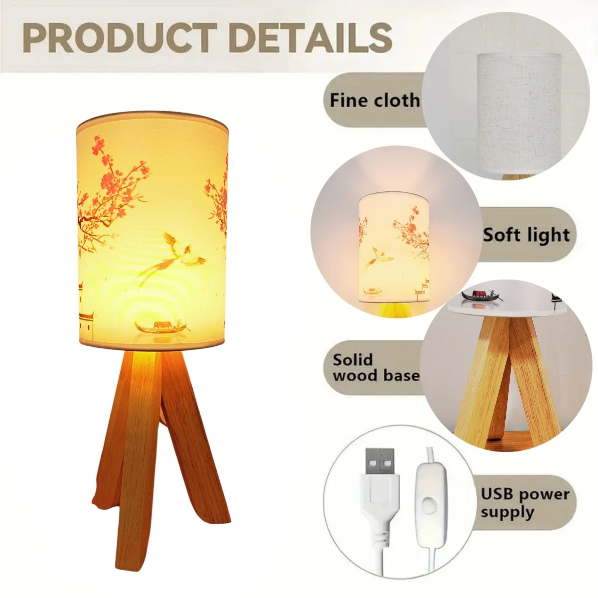 Nordic USB Desk Lamp, Solid Wood Fabric Decoration, LED Night Light for Home Bedroom Bedside Study Accommodation