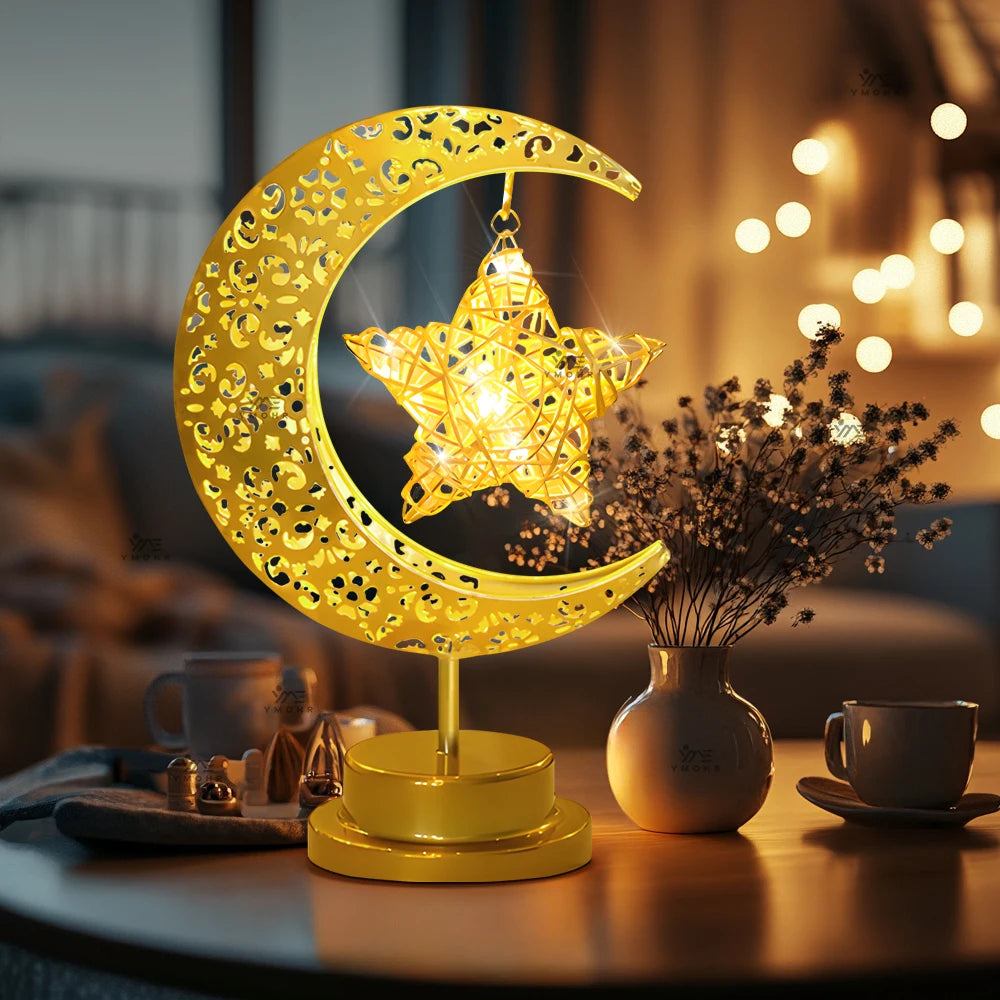Portable Christmas LED Desk Lamp Vintage Night Light Star Moon Decor Table Lamp Eye Caring Warm Glow Wireless Holiday Decor Gift