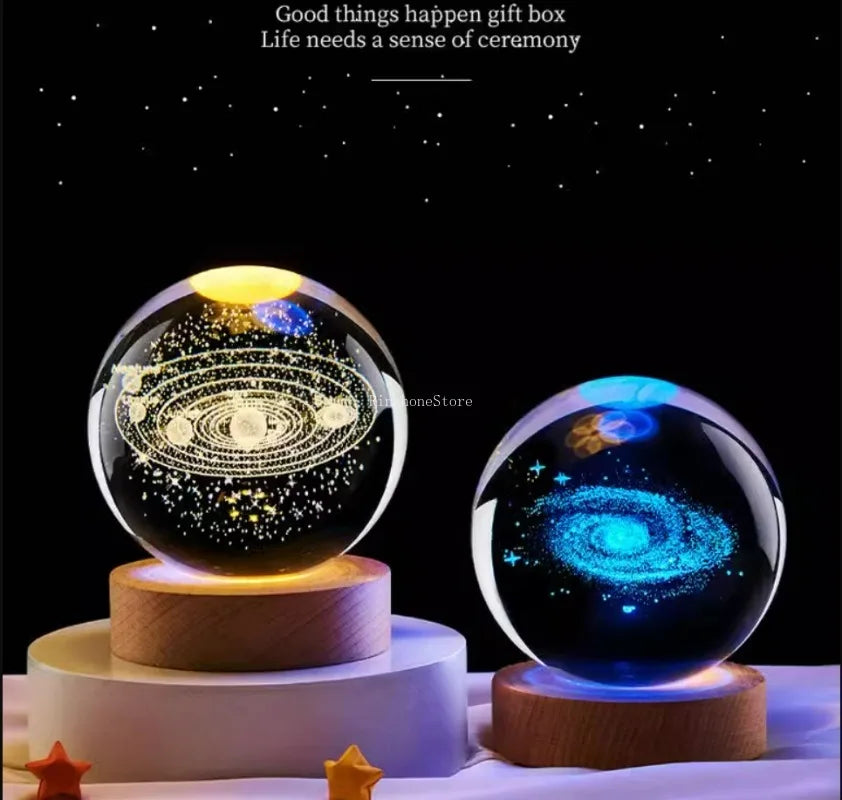 3D Crystal Lights Lamp Glowing Planetary Galaxy Night Light Crystal Ball Night Lights Bedside Light Home Decor Christmas Gift