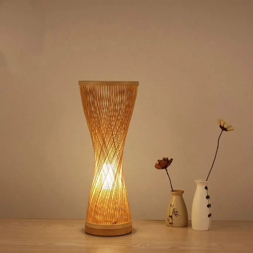 Japanese Style Hand Knitted Weaving Bamboo Table Lamp Bedroom Bedside Lamp Wood Rattan Lampshade Room Home Decor Art Desk Light