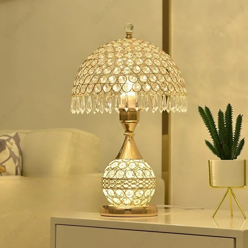 Simple LED Fabric Lampshade Crystal Lamp Body E27 Desk Lamp Bedroom European Home Warm Luxury Romantic Bedside Lamp