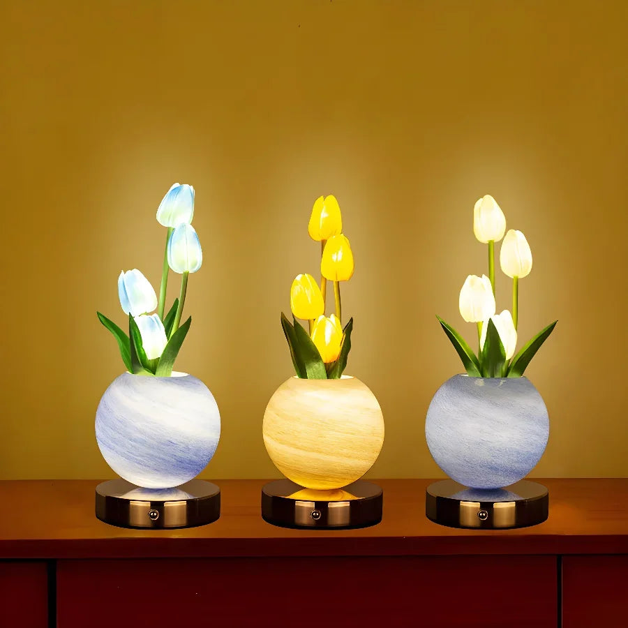 3-Color Touch Dimmable Tulip LED Desk Lamp, USB Rechargeable Artificial Flowers Night Light, Bedside Table Lamp Ornaments Gifts