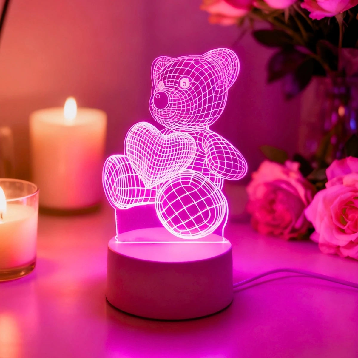 Pink Light Heart Hugging Bear 3D Stereoscopic Night Light Bedroom Room Romantic Decoration Atmosphere Gift Light