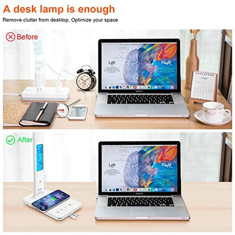 Folding Table Lamp USB Reading Touch Dimmable Eye Protection with Alarm Clock Thermometer LED Desk Lamp USB Charge Night Light