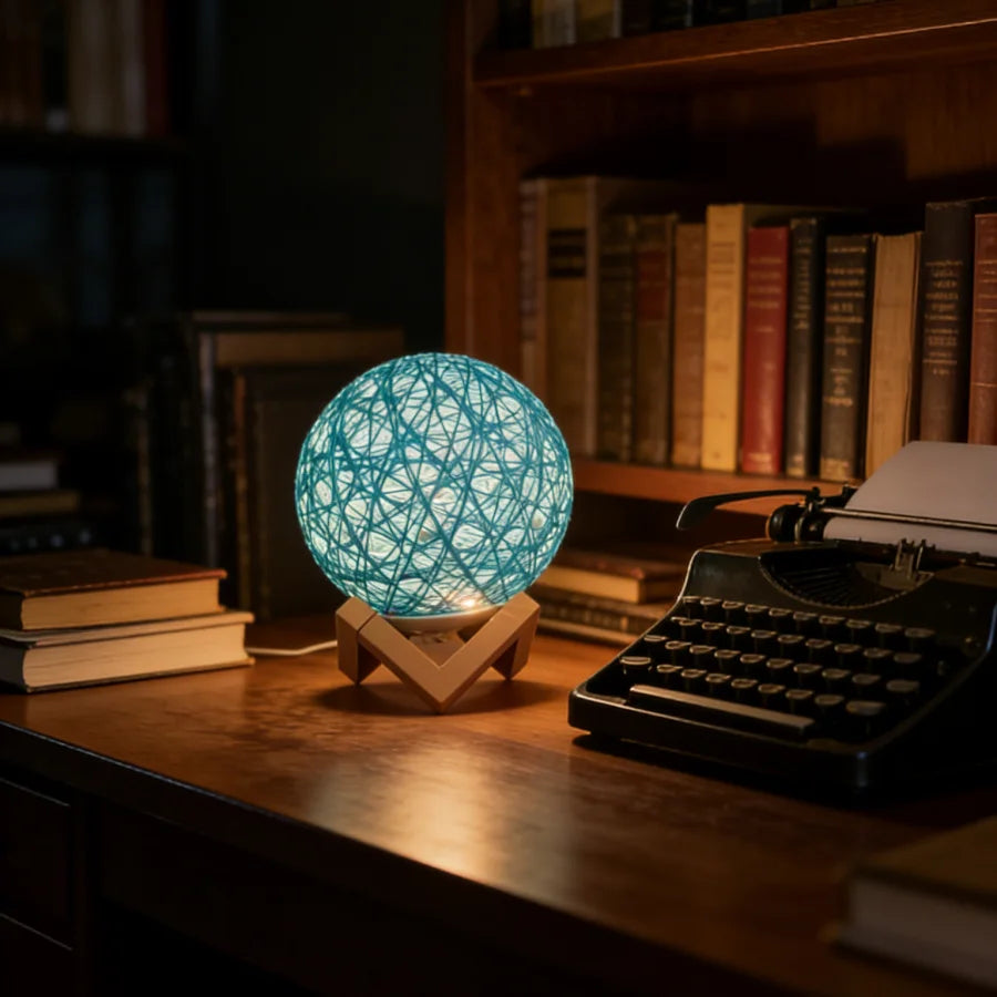 1PC Boho Rattan Ball Table Lamp | Wooden V-Shaped Base | USB Powered Ambient Night Light for Bedroom & Office