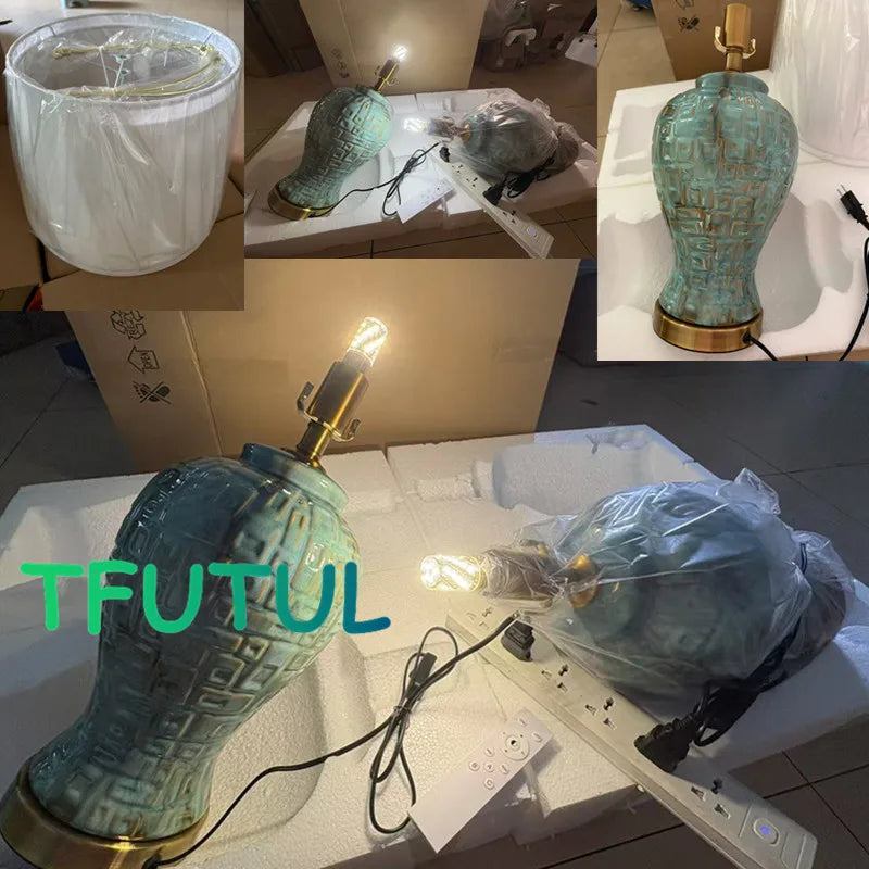 American Ceramic Table Lamps Blue Kiln Changing Color Desk Light for Living Room Bedroom Bedside Lamp Home Decoration Ornaments