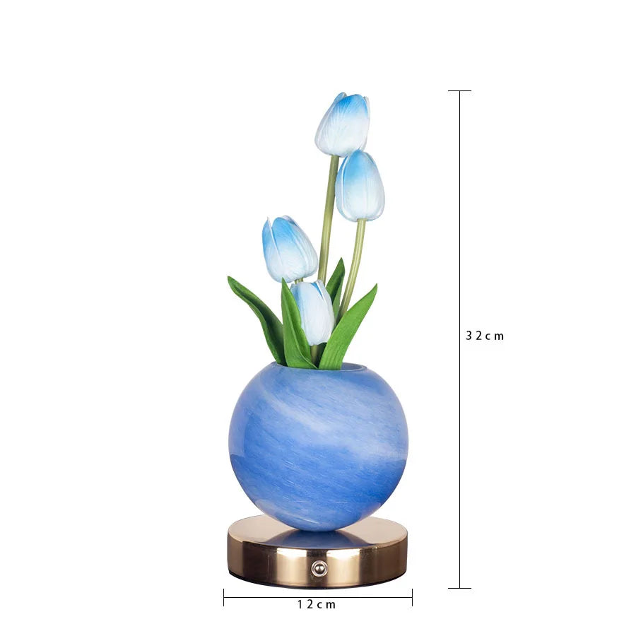 3-Color Touch Dimmable Tulip LED Desk Lamp, USB Rechargeable Artificial Flowers Night Light, Bedside Table Lamp Ornaments Gifts