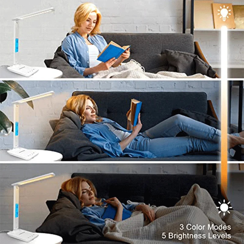Folding Table Lamp USB Reading Touch Dimmable Eye Protection with Alarm Clock Thermometer LED Desk Lamp USB Charge Night Light