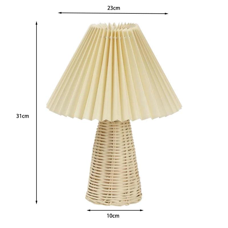 European Bedroom Table Lamp Bedside Nightstand Light Handmade Rattan Pleated Aesthetic Vintage Lamp Decorative Room Night Light