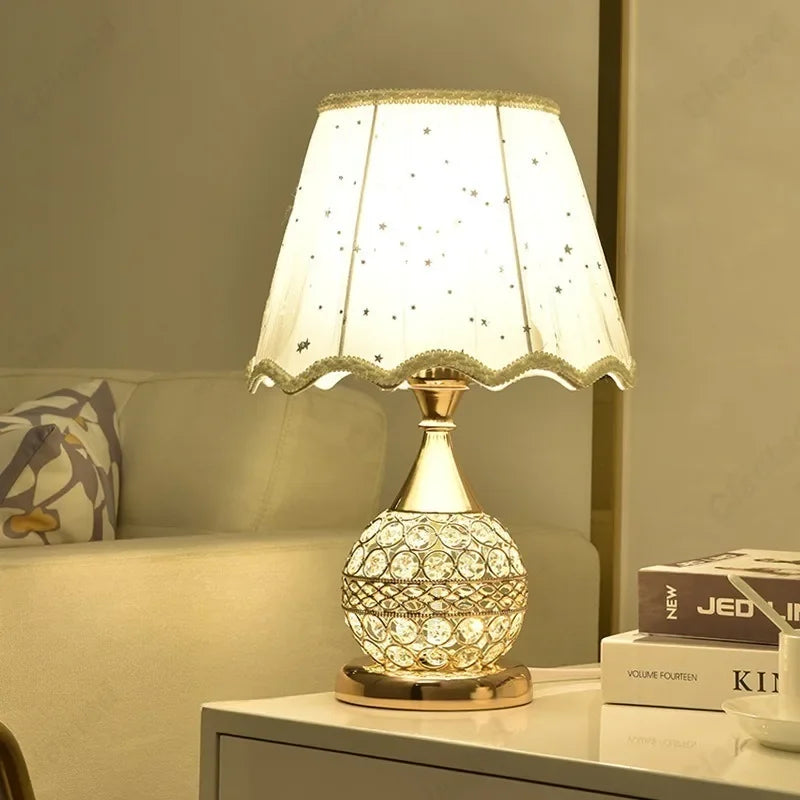 Simple LED Fabric Lampshade Crystal Lamp Body E27 Desk Lamp Bedroom European Home Warm Luxury Romantic Bedside Lamp