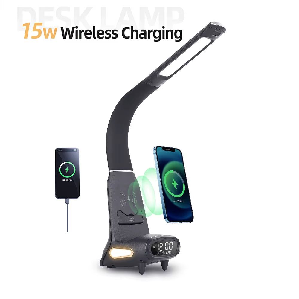 New Eye-Care Reading Desk Lamp with Soft Night Light 15W Wireless Fast Charging 5-Colour Temperature Inductive Dimming Desk Lamp