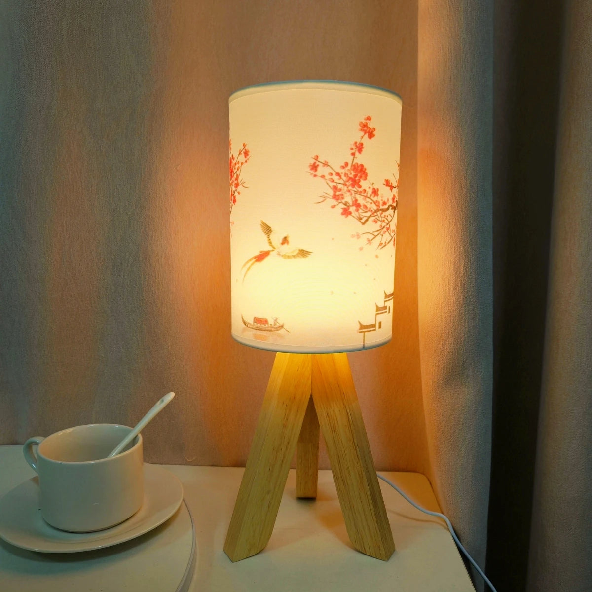 Nordic USB Desk Lamp, Solid Wood Fabric Decoration, LED Night Light for Home Bedroom Bedside Study Accommodation