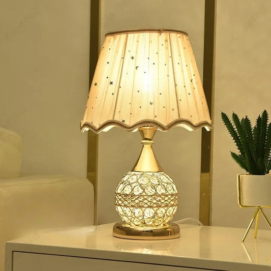 Simple LED Fabric Lampshade Crystal Lamp Body E27 Desk Lamp Bedroom European Home Warm Luxury Romantic Bedside Lamp
