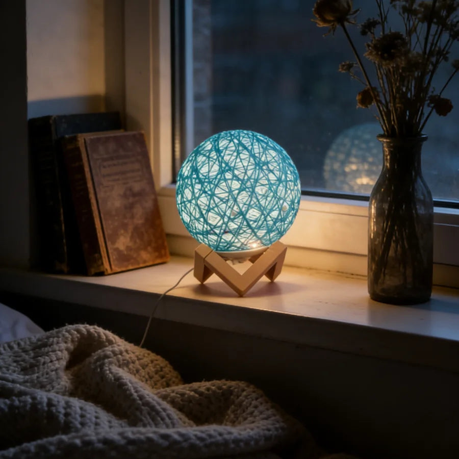 1PC Boho Rattan Ball Table Lamp | Wooden V-Shaped Base | USB Powered Ambient Night Light for Bedroom & Office