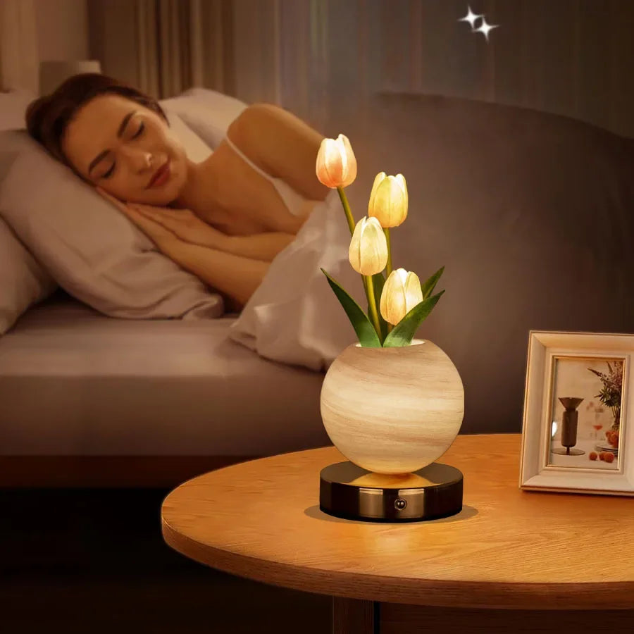 3-Color Touch Dimmable Tulip LED Desk Lamp, USB Rechargeable Artificial Flowers Night Light, Bedside Table Lamp Ornaments Gifts