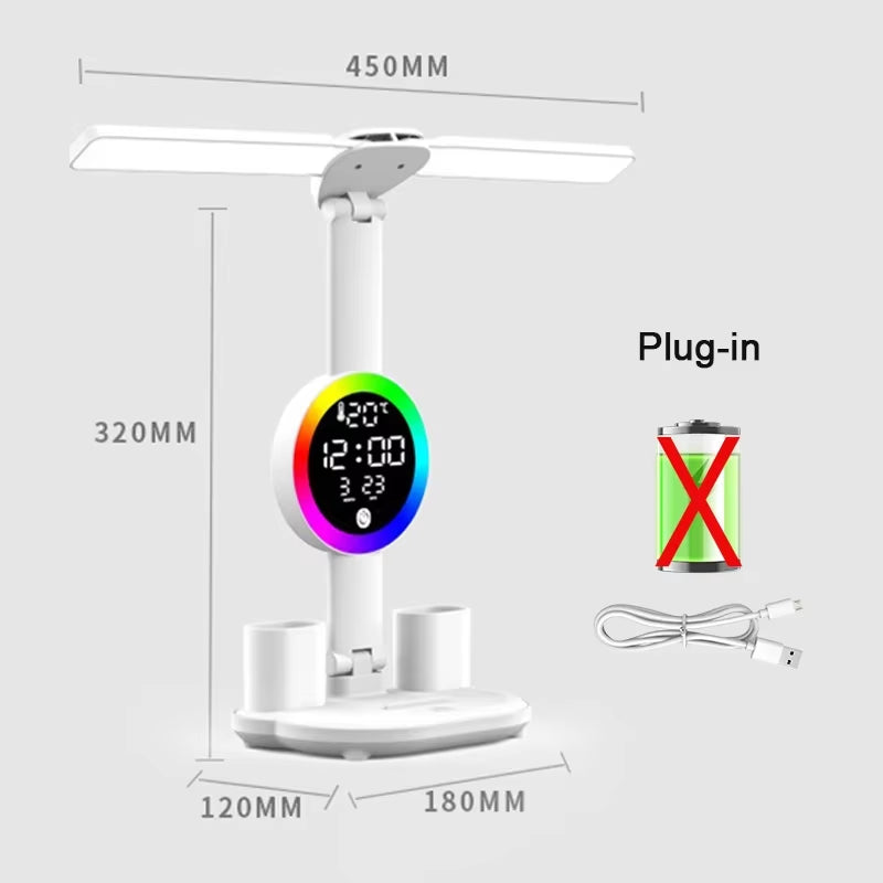 LED Table Lamp with Fan and Clock Display Reading Desk Light for Study Night Light Adjustable Brightness