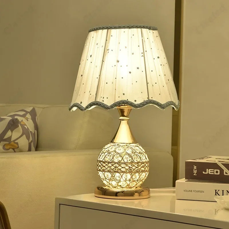 Simple LED Fabric Lampshade Crystal Lamp Body E27 Desk Lamp Bedroom European Home Warm Luxury Romantic Bedside Lamp
