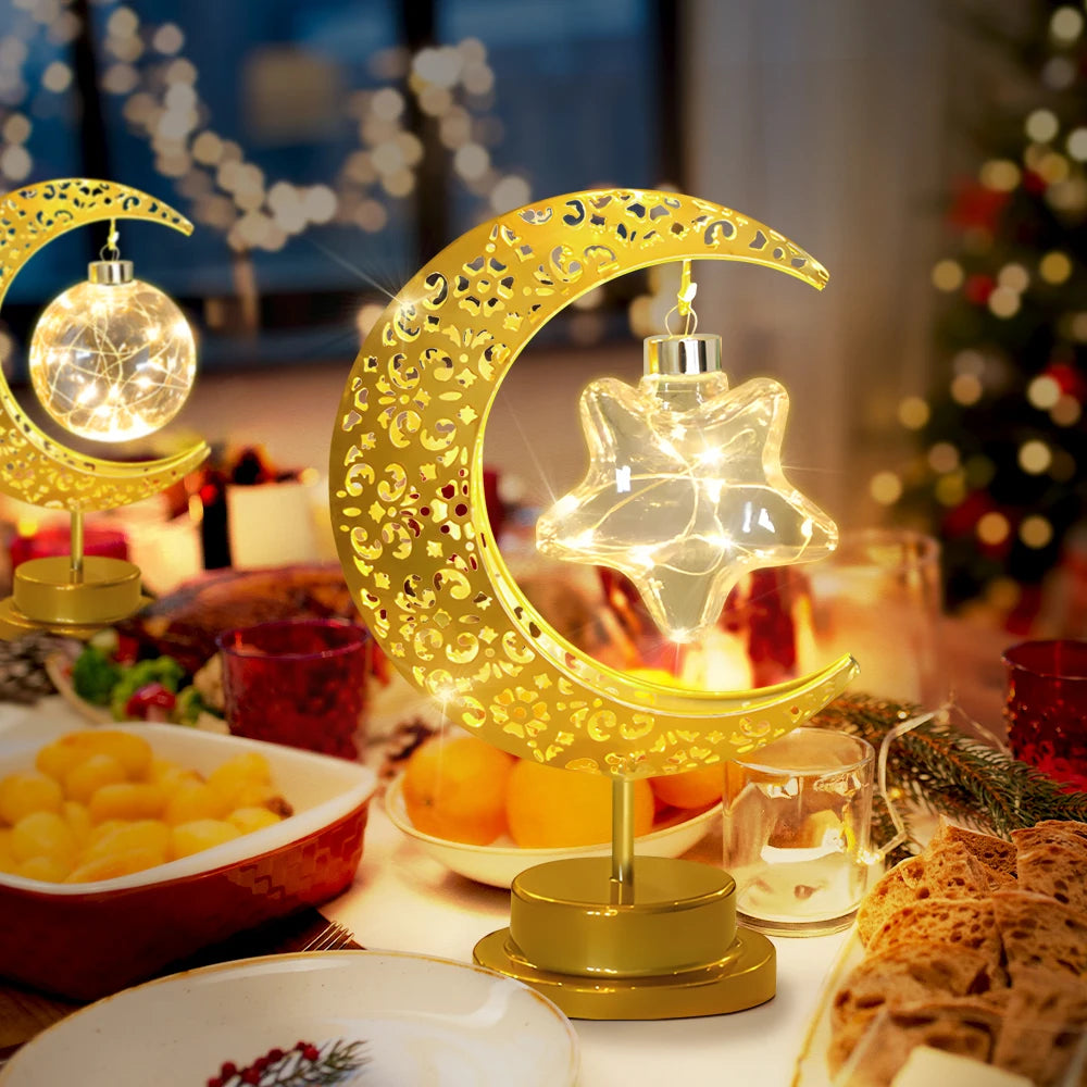 Portable Christmas LED Desk Lamp Vintage Night Light Star Moon Decor Table Lamp Eye Caring Warm Glow Wireless Holiday Decor Gift