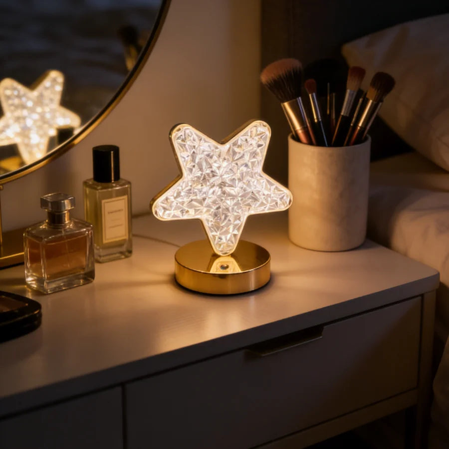 1PC Aesthetic Star Shaped Crystal Lamp | USB Charging Touch Control | Luxury Gold Base Decorative Light for Party & Gift